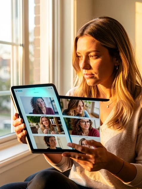 A confident blogger reviewing a grid of four AI-generated portraits of herself on a tablet held in both hands, each portrait showing her in a different styled setting, her expression thoughtful as she compares the likeness. She sits by a large window in a bright home office. Warm afternoon side light from the right wraps around her face, softening shadows, the tablet screen casting a faint cool glow upward. Encouraging, decision-making mood, natural lifestyle photography.