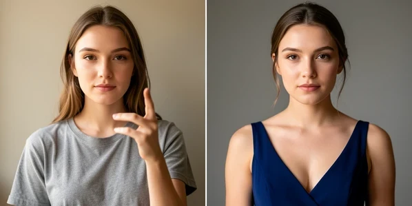 A split before-after portrait of a young woman, left side a plain phone selfie in casual clothes against a neutral wall, right side the same face composited into an elegant deep-blue evening gown with soft studio styling. She faces the camera directly in both frames so the matching head angle is obvious. Soft diffused window light falls from the front-left, warm and even, with no harsh shadows on the cheeks, gently modeling the skin and fabric folds. Clean editorial atmosphere that highlights preserved facial features and skin tone.