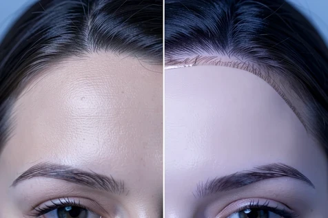 A close-up comparison of a woman's forehead and hairline after a face swap, left half showing a clean natural blend where skin tone meets the hair, right half showing a harsh visible seam and a smeared plastic-looking hairline with a faint outline of the pasted face. Cool soft top light rakes across the forehead, revealing texture on the clean side and the artificial smoothness on the flawed side. Technical, instructive mood like a retouching tutorial frame.