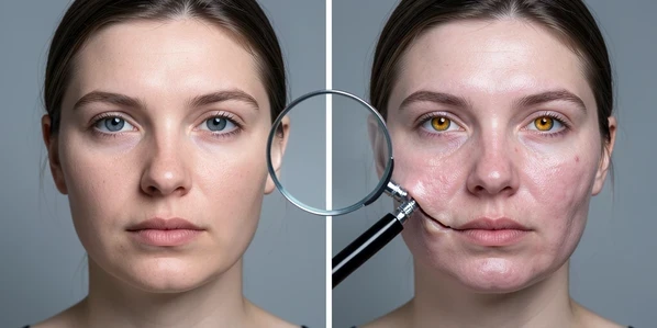 A side-by-side comparison of one portrait before and after a face swap, left half showing a natural face, right half showing a swapped face with visible artifacts: a faint seam along the jaw, slightly waxy skin, and mismatched eye color. A magnifying glass hovers over the seam. Setting is a neutral gray studio backdrop. Light is soft and frontal from a large softbox, even and cool, revealing the texture flaws without harsh shadows. Analytical, instructive mood.