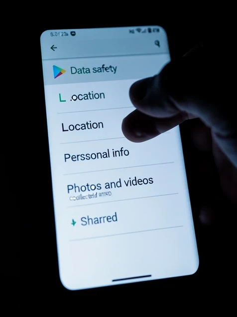 A close-up of a phone screen displaying the Google Play "Data safety" section, with a vertical list of rows reading "Location", "Personal info", "Photos and videos" each marked as collected and shared. A thumb hovers near the top row. Setting is dim, the phone is the only bright object. Light is a cool screen glow lifting from below onto fingertips, the rest of the frame sinks into shadow. Cautious, scrutinizing mood.