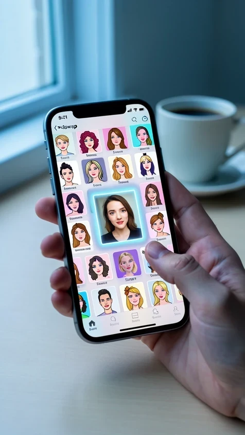 A smartphone held in one hand showing a face-swap app gallery, screen filled with a grid of template thumbnails of stylized portraits and a single processed selfie in the center. The thumbnails glow softly while a finger taps the save icon. Setting is a plain desk with a coffee cup blurred behind. Light comes from a cool window source on the left, soft and even, falling across the glass and casting a faint reflection. Calm, practical mood.