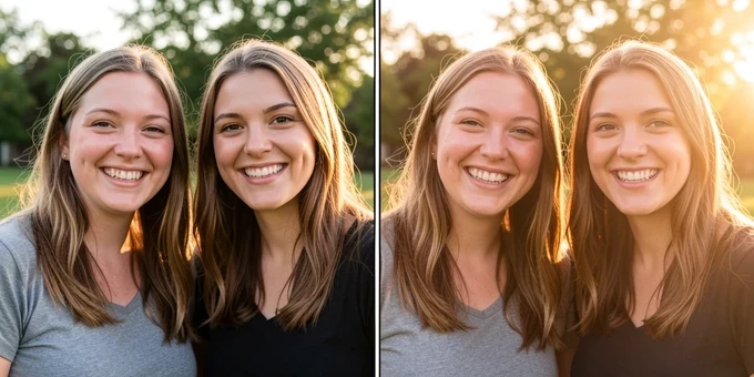 A before-and-after split image of a group photo with four friends standing shoulder to shoulder outdoors, the left half showing the original faces and the right half showing all four faces swapped while keeping the same poses, smiles, and head angles. A thin vertical divider line separates the halves. Warm afternoon sunlight comes from the right at a low angle, soft and golden, wrapping around cheeks and casting natural shadows. Lively, candid, everyday mood.