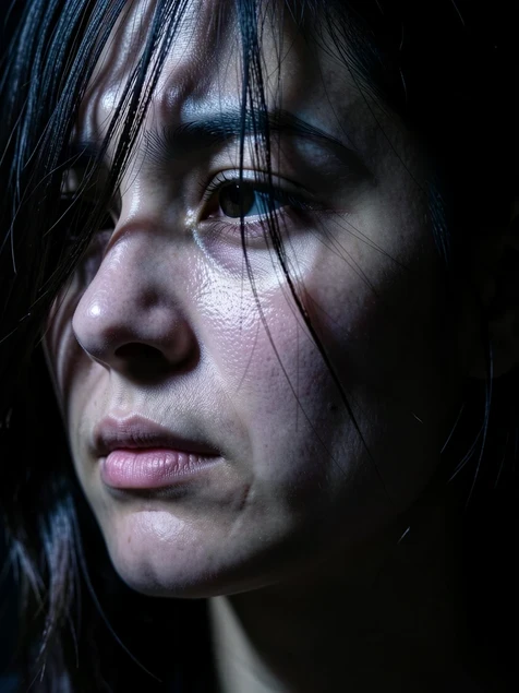 A close-up portrait of a woman turned almost in profile under harsh side lighting, half her face in deep shadow, showing a visibly imperfect face swap where the jawline blends unnaturally and the skin near the cheek looks too smooth and waxy. A few strands of hair partly cover one eye, confusing the blend. A hard cool light rakes across from the left, carving sharp shadows and exposing the seam between original and swapped areas. Tense, revealing, critical mood.