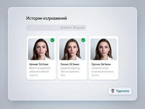 A web account screen titled "История изображений" showing a grid of three thumbnail face-swap results, one thumbnail selected with a checkmark, and a visible "Удалить" button highlighted in the corner near a small trash icon. A faint banner above the grid reads "Хранится 30 дней". The interface is light grey with rounded cards. Soft even screen-light glows outward from the monitor, cool and neutral, with gentle reflections on the card edges. Tidy, reassuring, privacy-conscious mood.
