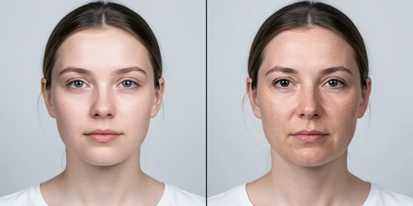 A split before-and-after comparison of one portrait photo, left half showing a young woman's original face on a poster template and right half showing the same poster after AI face swap with a different person's face seamlessly blended in. The two halves meet at a thin vertical seam. Shot in a clean studio setting against a neutral light grey backdrop. Skin texture stays natural with visible pores, no plastic smoothing. Soft diffused frontal light from a large softbox slightly above, cool-neutral white temperature, falling evenly across both faces so the swap looks consistent. Calm, factual, tutorial atmosphere.