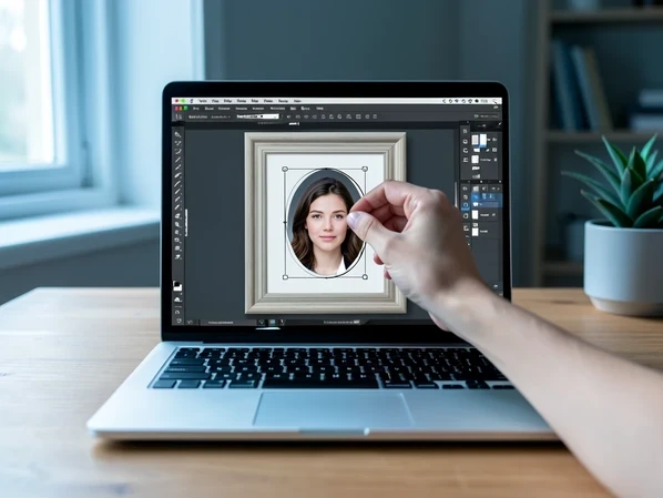 A beginner's hands adjust a cut-out portrait face inside the highlighted oval slot of a decorative photo frame template on a laptop screen. The editor toolbar shows scale, rotate, and position handles around the face. Set in a tidy home workspace with the laptop centered on a wooden desk. Visible mismatch where the pasted face edge meets the frame background. Soft cool daylight from a window on the left falls across the screen and keyboard, casting gentle shadows. Calm, instructional atmosphere.