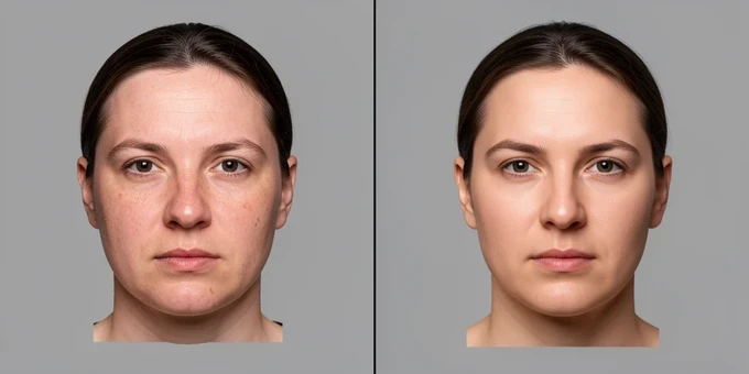 Two portrait results sit side by side for comparison. On the left, a face crudely pasted into a frame with a visible hard edge and mismatched skin tone looks stuck on. On the right, the same face blended seamlessly by AI with matched lighting and skin tone looks natural. A thin vertical divider line separates them. Studio-neutral grey backdrop. Even, soft frontal lighting reveals the edge artifact on the left and the smooth blend on the right. Clean, analytical mood.