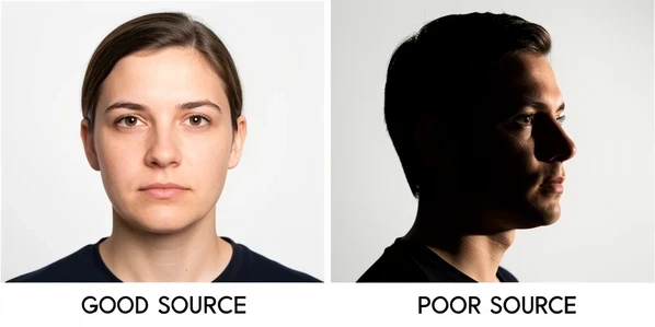 Two source portraits shown as a teaching example. On the left, a clear frontal headshot of a person looking straight at the camera, evenly lit, marked as a good source. On the right, the same person photographed at a steep side angle with shadow across half the face, marked as a poor source. Plain light background behind both. Soft, even studio lighting on the left; uneven directional light creating harsh shadow on the right. Helpful, checklist-style mood.