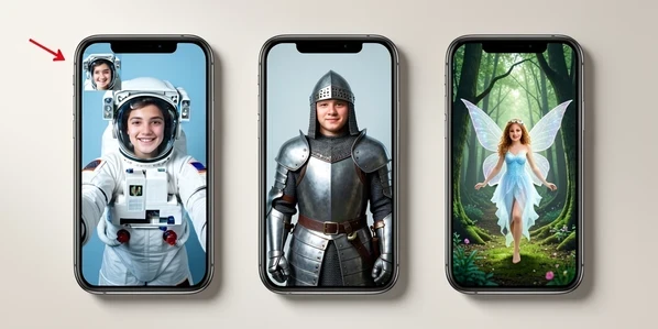 Three side-by-side phone screens showing one young person's selfie transformed into three template montages: an astronaut in a white spacesuit, a medieval knight in steel armor, and a winged fairy in a forest glade. The original selfie sits small in a top corner with arrows pointing to each result. Soft cool studio light from the upper left falls evenly on the screens, casting gentle shadows on a pale neutral desk surface. Clean, playful, instructional atmosphere.