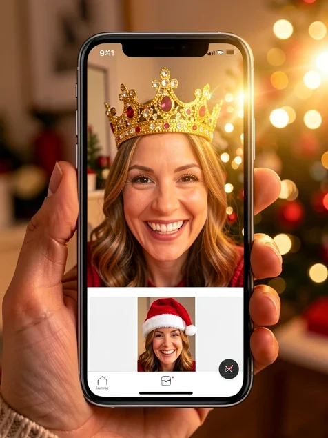 A smartphone held in one hand, screen filling the frame, displaying a smiling woman's selfie with a golden jeweled crown automatically fitted on top of her head and a red Santa hat preview in a thumbnail strip below. Warm festive light from the right side glints off the crown's gems, with soft shadows under the hat brim. Cozy indoor setting blurred behind the phone. Cheerful, holiday mood.