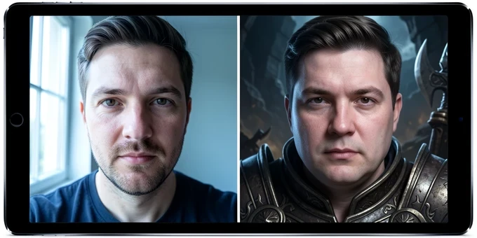 A two-panel comparison on a tablet screen: on the left a crisp, well-lit selfie of a man; on the right the same face inserted into a fantasy warrior template, visibly softer, with slightly blurred edges around the jaw and mismatched skin tone. A thin vertical divider splits the panels. Cool even daylight from a window on the left rakes across the tablet, revealing the texture difference between the two halves. Honest, critical, documentary tone.