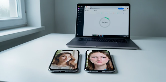 Two smartphone photos lying side by side on a clean white desk, the left one showing a casual portrait of a young woman in soft window light, the right one showing the same composition after AI face swap with the face of a different person seamlessly aligned. A laptop in the background displays the Pica AI browser interface with a circular loading indicator. Soft diffused daylight from a left-side window, cool neutral white balance, gentle shadows on the matte desk surface, calm minimalist atmosphere of a quiet morning workspace.