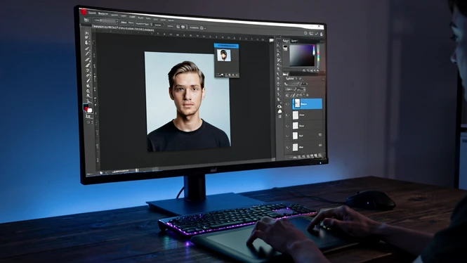 Wide computer monitor on a dark wooden desk showing the Adobe Photoshop interface with two open document tabs. The active document displays a portrait with a separate cut-out face on its own layer above the background, the Layers panel on the right clearly highlighted with the face layer selected and a Hue/Saturation adjustment layer attached above it as a clipping mask. Cool monitor glow lighting the keyboard and the user's hands resting on a graphics tablet, dim ambient room light, focused late-evening editing atmosphere.