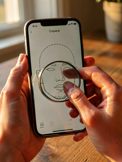 Close-up of a person holding a smartphone vertically with both hands, fingers carefully tracing a face outline on the screen using a circular magnifier loupe overlay that enlarges the chin and jawline area. The phone screen displays the Cupace cutout interface with a partially traced dashed selection around a face. Warm afternoon light from a side window catches the phone edges, soft skin tones on the hands, slightly out-of-focus wooden table in the background, focused and patient mood of careful manual work.