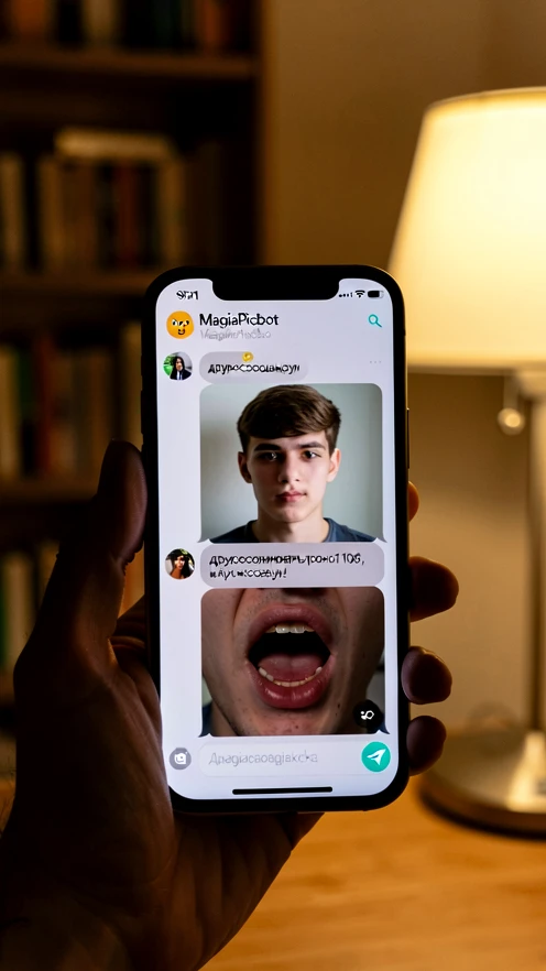 Смартфон в руке вертикально, на экране открыт чат Telegram с ботом MagiaPicbot, в окне сообщений видны загруженный портрет анфас молодого мужчины и аудиосообщение длиной двенадцать секунд, ниже всплывает превью видео с открывающимся ртом. Тёплый свет настольной лампы справа, мягкие тени на руке. Уютная вечерняя домашняя атмосфера, размытый фон с книжной полкой.