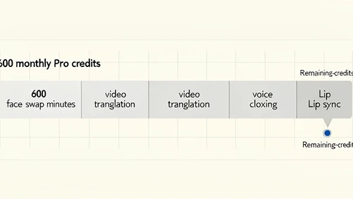 A clean editorial infographic centered on a horizontal bar showing how 600 monthly Pro credits get distributed across tasks, with labeled segments for face swap minutes, video translation, voice cloning and lip sync. Setting is a flat off-white background with thin grid lines. Details include small icons next to each segment and a remaining-credits indicator on the right side dropping toward zero. Lighting is even, neutral daylight ambient with no shadows. Style: minimal data visualization with sans-serif labels. Mood: analytical, transparent.