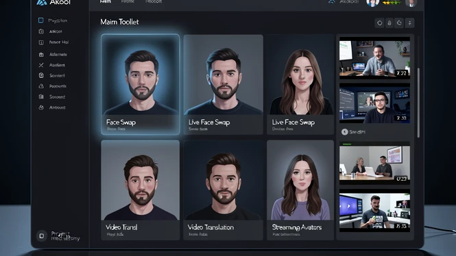 A modern web dashboard interface filling the screen, displaying Akool's main toolkit panel with separate tiles for Face Swap, Live Face Swap, Video Translation and Streaming Avatars. The cursor hovers over the Face Swap tile, highlighting it with a soft blue glow. Setting is a dark editorial workspace with a thin sidebar showing project history. Details include small thumbnails of recent video projects and a credit counter in the top-right corner. Lighting is cool, even, ambient screen glow with subtle reflections on a glossy desk surface, no harsh shadows. Style: clean product UI illustration. Mood: professional, focused.
