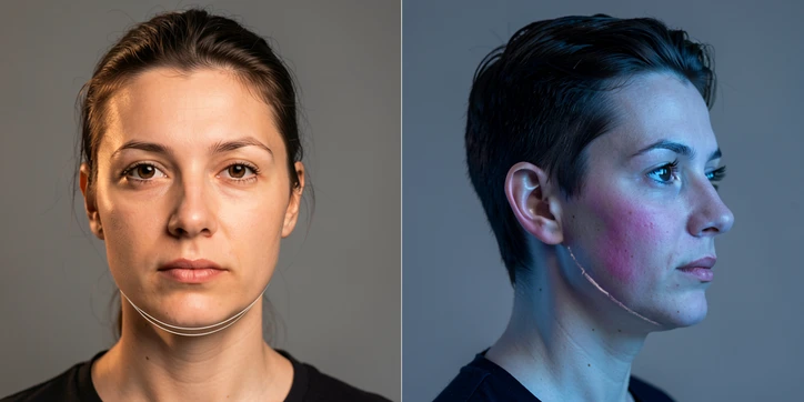 A side-by-side comparison composition split vertically into two panels of equal width. Left panel shows a portrait of a person facing the camera directly with a clean face swap result, lines around the chin blending smoothly into the neck. Right panel shows the same person turned three-quarters to the side, with visible artifacts: a faint seam along the jaw and slight color mismatch on the cheek. Setting is a neutral grey studio backdrop. Lighting is soft frontal key light from above, slightly warmer on the left panel and cooler on the right to emphasize the temperature shift. Style: editorial tech comparison shot. Mood: analytical, honest.