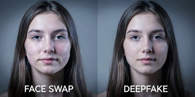 A clean side-by-side comparison filling the frame, two portraits of the same young woman against a neutral grey studio backdrop, the left half labeled in white sans-serif as "FACE SWAP" with visible mismatched seams along the jawline and slightly off skin tone near the hairline, the right half labeled "DEEPFAKE" with seamless blending and natural micro-shadows. Soft cool diffused key light from upper left, gentle fill from the right keeping shadows readable, subtle vignette pulling focus to the faces, calm editorial atmosphere.