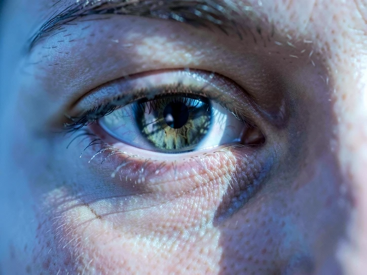 Extreme close-up of a single human eye and surrounding cheekbone area filling the entire frame, fine pixel artifacts and a faint mismatched skin-tone seam visible along the lower eyelid, a subtle blur band running diagonally where two image regions meet, iris reflection slightly misaligned with the apparent light source. Sharp directional cool daylight from the right modeling skin texture, soft ambient fill from the left, clinical investigative atmosphere reminiscent of forensic analysis.