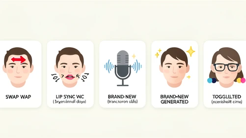An infographic-style flat illustration on a soft off-white background, five labeled icon panels arranged in a row at equal spacing, each panel showing a stylized face with a different transformation: panel one a face with a swap arrow over it, panel two a face with animated mouth lines indicating lip sync, panel three a microphone with sound waves replacing the face, panel four a brand-new generated face marked with a sparkle, panel five a face with toggled glasses and hair color swatches. Crisp even diffused lighting from above, calm explanatory atmosphere, modern editorial flat-design style.
