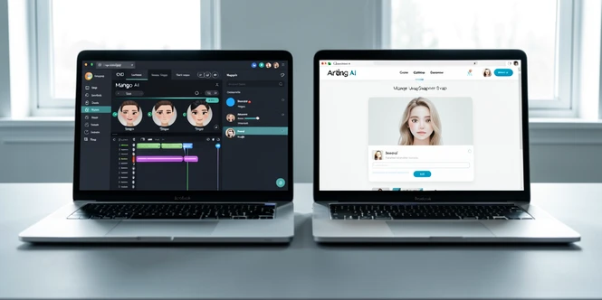 Two laptop screens placed side by side on a clean grey desk, the left screen shows the Mango AI editor with a digital avatar timeline and a face swap panel open, the right screen shows the Arting AI homepage with a generic face swap upload area, soft diffuse daylight from a north window falls on both keyboards, cool neutral tones, calm editorial atmosphere of a product comparison review.