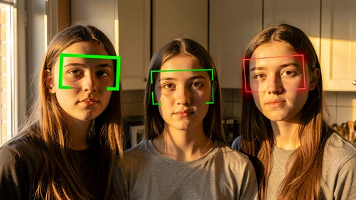 Three young people standing close together facing the camera in a sunlit kitchen, faint coloured rectangles overlaid around each face indicate AI tracking, two of the boxes are solid green and one flickers thin red showing temporal instability, warm late afternoon light from a side window, soft skin tones, calm documentary atmosphere of a technical demonstration.
