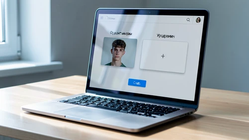 A laptop screen showing a face swap web interface, displayed at a slight angle on a clean wooden desk. The interface shows two upload slots labeled in Russian, the left slot containing a young man's portrait thumbnail and the right slot showing a small plus icon ready for upload. A blue create button sits below. Soft daylight from a window on the left side falls across the keyboard and screen, cool 6000K white balance, gentle reflection on the glossy screen surface. Quiet workspace mood, modern editorial style.