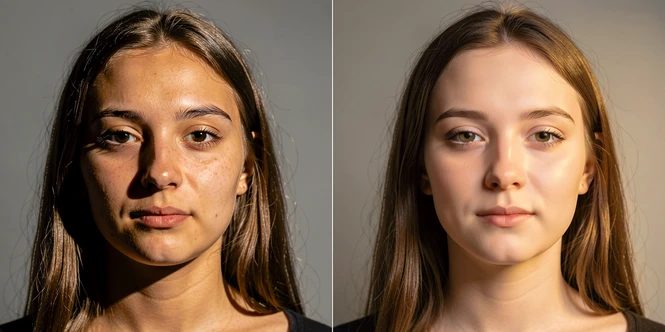 Two side-by-side portrait photographs of the same young woman after a face swap, presented as a before-and-after comparison panel with a thin vertical divider. Left image shows a harsh artifact ring around the jaw and a mismatched skin tone, lit by a single hard lamp from the upper right that casts a sharp nose shadow. Right image shows a clean blended face with no visible seam, lit by soft diffused window light from the front, warm 5000K temperature falling evenly across both cheeks. Studio backdrop neutral grey. Calm analytical atmosphere, photographic editorial style.