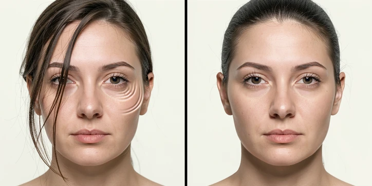 Two square portrait crops of a woman side by side as a comparison, separated by a thin black line. The left crop shows a strand of hair falling across her left eye and visible warping artifacts along the cheekbone where the swap algorithm failed to lock onto landmarks. The right crop shows the same face fully uncovered with hair pulled back, the swap blending seamlessly into the jawline. Soft overhead studio light, neutral 5500K, gentle shadow under the chin, plain off-white background. Clean analytical mood, technical documentation style.