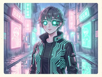 A preview image of a cyberpunk anime character with glowing teal cybernetic eye implants and a sleek black jacket covered in neon circuit patterns, standing in a rain-soaked neon-lit alley with pink and teal holographic advertisements reflected in puddles, cool blue-tinted night lighting with vivid neon accents, edgy and futuristic illustration style. Indie pastel zine illustration with soft cream paper texture and candy-pink and teal accents, palette anchored on #FFF6E5, #FF6B9D, #4FB3D9, and #2D1B47, lit by diffuse daylight with gentle backlit highlights. Style: pastel zine. Mood: warm playful.