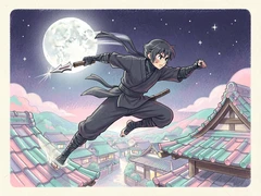 A swift anime ninja in dark charcoal wrappings leaps across rooftops under a full moon, a traditional Japanese village spread below, silver moonlight catching the edge of a shuriken mid-throw, deep indigo sky dotted with stars, motion blur on the trailing fabric, tense and cinematic night-action atmosphere. Indie pastel zine illustration with soft cream paper texture and candy-pink and teal accents, palette anchored on #FFF6E5, #FF6B9D, #4FB3D9, and #2D1B47, lit by diffuse daylight with gentle backlit highlights. Style: pastel zine. Mood: warm playful.