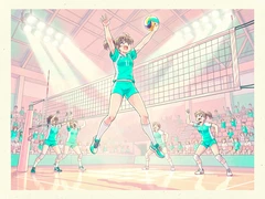An energetic anime athlete in a bright teal and white volleyball uniform leaps high above the net on a sunlit indoor gymnasium court, teammates cheering in the background, overhead stadium lights casting sharp bright pools on the polished floor, dynamic upward angle emphasising height and motion, spirited and competitive atmosphere. Indie pastel zine illustration with soft cream paper texture and candy-pink and teal accents, palette anchored on #FFF6E5, #FF6B9D, #4FB3D9, and #2D1B47, lit by diffuse daylight with gentle backlit highlights. Style: pastel zine. Mood: warm playful.