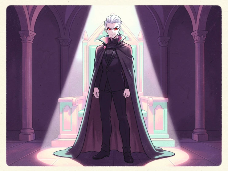 A composed anime villain with sharp crimson eyes and slicked-back white hair stands in a shadowy throne room, a long dark cape pooling at his feet, a single dramatic spotlight from above cutting through the darkness and illuminating his face with cool white light while deep purple shadows fill the rest of the frame, menacing and theatrical atmosphere. Indie pastel zine illustration with soft cream paper texture and candy-pink and teal accents, palette anchored on #FFF6E5, #FF6B9D, #4FB3D9, and #2D1B47, lit by diffuse daylight with gentle backlit highlights. Style: pastel zine. Mood: warm playful.