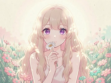 A dreamy anime girl with wide violet eyes and long wavy blonde hair sits in a flower meadow, holding a single white daisy up to her chin, soft diffuse afternoon sunlight filtering through the petals around her and creating a hazy backlit halo effect, pastel pink and cream tones dominating the palette, gentle and romantic shojo illustration mood. Indie pastel zine illustration with soft cream paper texture and candy-pink and teal accents, palette anchored on #FFF6E5, #FF6B9D, #4FB3D9, and #2D1B47, lit by diffuse daylight with gentle backlit highlights. Style: pastel zine. Mood: warm playful.