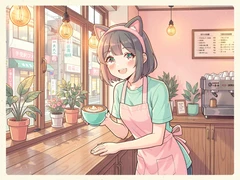A cheerful anime barista in a pastel pink apron and cat-ear headband leans over a wooden café counter holding a latte with foam art, a cosy Tokyo street café interior behind her with warm Edison bulbs and potted plants on the windowsill, soft amber light filling the room, relaxed and inviting mood. Indie pastel zine illustration with soft cream paper texture and candy-pink and teal accents, palette anchored on #FFF6E5, #FF6B9D, #4FB3D9, and #2D1B47, lit by diffuse daylight with gentle backlit highlights. Style: pastel zine. Mood: warm playful.