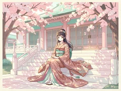 An elegant anime princess in a layered rose-gold kimono sits on the steps of a grand imperial palace, cherry trees in full bloom arching overhead, soft diffuse spring daylight filtering through the petals and casting dappled pink shadows on white stone, a serene and regal atmosphere with a gentle breeze lifting the hem of her robe. Indie pastel zine illustration with soft cream paper texture and candy-pink and teal accents, palette anchored on #FFF6E5, #FF6B9D, #4FB3D9, and #2D1B47, lit by diffuse daylight with gentle backlit highlights. Style: pastel zine. Mood: warm playful.