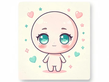 A preview tile featuring a chibi-style anime character with an oversized round head, huge sparkling teal eyes, rosy cheeks, and tiny hands, standing on a pastel cream background surrounded by small floating stars and hearts in pink and teal, soft even studio lighting with no harsh shadows, cute and playful kawaii illustration style. Indie pastel zine illustration with soft cream paper texture and candy-pink and teal accents, palette anchored on #FFF6E5, #FF6B9D, #4FB3D9, and #2D1B47, lit by diffuse daylight with gentle backlit highlights. Style: pastel zine. Mood: warm playful.