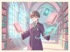 A focused anime magic student in a deep purple academy robe stands in a grand library hall, levitating glowing spell books orbiting around him, tall arched windows letting in cool blue afternoon light that catches floating dust motes, shelves of ancient tomes receding into the background, scholarly and wonder-filled atmosphere. Indie pastel zine illustration with soft cream paper texture and candy-pink and teal accents, palette anchored on #FFF6E5, #FF6B9D, #4FB3D9, and #2D1B47, lit by diffuse daylight with gentle backlit highlights. Style: pastel zine. Mood: warm playful.