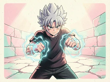 A battle-ready anime teen with spiky silver hair and a determined expression stands in a fighting stance on a cracked stone arena, energy crackling around his fists in electric blue arcs, dramatic low-angle shot with harsh overhead light casting strong shadows under his brow, intense and action-packed shonen manga atmosphere. Indie pastel zine illustration with soft cream paper texture and candy-pink and teal accents, palette anchored on #FFF6E5, #FF6B9D, #4FB3D9, and #2D1B47, lit by diffuse daylight with gentle backlit highlights. Style: pastel zine. Mood: warm playful.