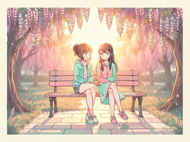 A preview showing two anime characters sitting together on a park bench at golden hour, surrounded by blooming wisteria, the warm amber sunset light wrapping softly around them and casting long gentle shadows across the stone path, a tender and romantic shojo-style illustration with a dreamy soft-focus background. Indie pastel zine illustration with soft cream paper texture and candy-pink and teal accents, palette anchored on #FFF6E5, #FF6B9D, #4FB3D9, and #2D1B47, lit by diffuse daylight with gentle backlit highlights. Style: pastel zine. Mood: warm playful.