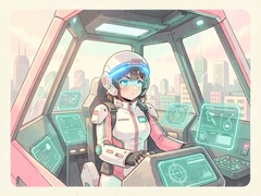 A determined anime pilot in a white and pink flight suit sits inside the cockpit of a giant mecha robot, holographic control panels glowing teal around her, city skyline visible through the reinforced glass canopy, cool blue instrument light reflecting off her visor, tense and futuristic atmosphere with a sense of imminent action. Indie pastel zine illustration with soft cream paper texture and candy-pink and teal accents, palette anchored on #FFF6E5, #FF6B9D, #4FB3D9, and #2D1B47, lit by diffuse daylight with gentle backlit highlights. Style: pastel zine. Mood: warm playful.
