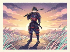 A stoic anime samurai warrior in layered indigo and crimson armour stands on a hilltop at golden hour, katana resting on one shoulder, tall grass swaying in the wind around him, the setting sun painting the sky in deep amber and violet, long dramatic shadows stretching across the earth, epic and serene mood. Indie pastel zine illustration with soft cream paper texture and candy-pink and teal accents, palette anchored on #FFF6E5, #FF6B9D, #4FB3D9, and #2D1B47, lit by diffuse daylight with gentle backlit highlights. Style: pastel zine. Mood: warm playful.