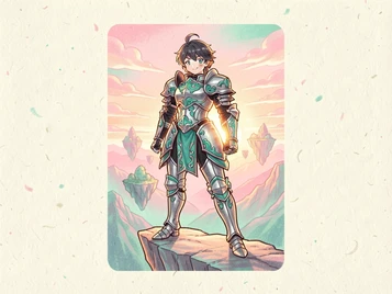 A preview card showing an anime warrior character in ornate silver and teal armour posed heroically on a mountain cliff at sunrise, dramatic warm light from the horizon illuminating the armour's edges, a fantasy landscape of floating islands visible in the background, bold and epic illustration style. Indie pastel zine illustration with soft cream paper texture and candy-pink and teal accents, palette anchored on #FFF6E5, #FF6B9D, #4FB3D9, and #2D1B47, lit by diffuse daylight with gentle backlit highlights. Style: pastel zine. Mood: warm playful.