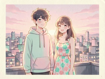Two anime characters — a boy and a girl — stand side by side on a rooftop at dusk, the city glittering behind them, the boy in a casual hoodie and the girl in a floral sundress, warm golden-hour light wrapping around their shoulders and creating soft rim highlights in their hair, a tender and cheerful mood with a sense of shared adventure. Indie pastel zine illustration with soft cream paper texture and candy-pink and teal accents, palette anchored on #FFF6E5, #FF6B9D, #4FB3D9, and #2D1B47, lit by diffuse daylight with gentle backlit highlights. Style: pastel zine. Mood: warm playful.