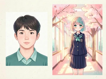 A preview thumbnail showing a split composition: on the left a plain passport-style photo of a teenager, on the right the same teenager rendered as a bright anime character in a navy school uniform standing in a cherry-blossom-lined hallway, soft warm daylight from tall windows, clean and inviting illustration style. Indie pastel zine illustration with soft cream paper texture and candy-pink and teal accents, palette anchored on #FFF6E5, #FF6B9D, #4FB3D9, and #2D1B47, lit by diffuse daylight with gentle backlit highlights. Style: pastel zine. Mood: warm playful.