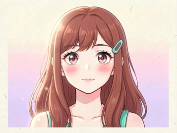 A finished anime-style portrait of a young woman with large expressive eyes, soft pink blush marks on her cheeks, and flowing auburn hair adorned with a small teal hair clip, set against a pastel gradient background of cream and soft lavender, gentle front-facing diffuse light giving her skin a luminous glow, clean and polished digital illustration style suitable for a profile picture. Indie pastel zine illustration with soft cream paper texture and candy-pink and teal accents, palette anchored on #FFF6E5, #FF6B9D, #4FB3D9, and #2D1B47, lit by diffuse daylight with gentle backlit highlights. Style: pastel zine. Mood: warm playful.