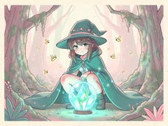 A young anime sorceress in a flowing teal cloak and star-embroidered hat crouches beside a glowing crystal orb in an enchanted forest clearing, fireflies hovering around her, ancient mossy trees framing the scene, cool blue-green bioluminescent light rising from the orb and illuminating her face from below, magical and mysterious atmosphere. Indie pastel zine illustration with soft cream paper texture and candy-pink and teal accents, palette anchored on #FFF6E5, #FF6B9D, #4FB3D9, and #2D1B47, lit by diffuse daylight with gentle backlit highlights. Style: pastel zine. Mood: warm playful.