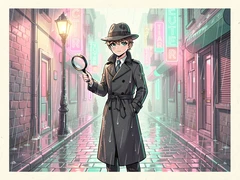 A sharp-eyed anime detective in a long charcoal trench coat and fedora stands under a rain-slicked streetlamp in a neon-lit city alley, rain droplets catching the pink and teal neon reflections on the wet cobblestones, one hand holding a magnifying glass, moody noir atmosphere with high contrast between shadow and coloured light. Indie pastel zine illustration with soft cream paper texture and candy-pink and teal accents, palette anchored on #FFF6E5, #FF6B9D, #4FB3D9, and #2D1B47, lit by diffuse daylight with gentle backlit highlights. Style: pastel zine. Mood: warm playful.